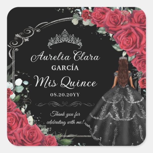 Quinceañera Rode Rozen Bloemen Zwart Jurk Zilver Vierkante Sticker (Voorkant)