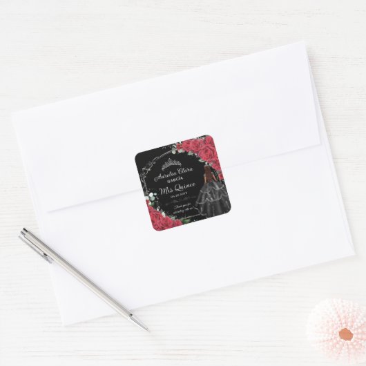 Quinceañera Rode Rozen Bloemen Zwart Jurk Zilver Vierkante Sticker (Envelop)