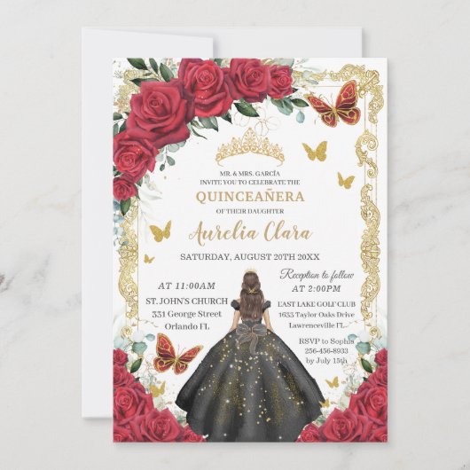 Quinceañera Rode Rozen Bloemen Zwarte Jurk Prinses Kaart (Voorkant)