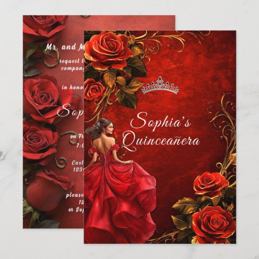 Quinceanera rode rozen en toga kroon kaart (Voorkant / Achterkant)
