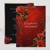 Quinceanera Rode Rozen Gouden Filigraan Kaart (Voorkant / Achterkant)