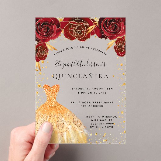 Quinceanera rode rozen gouden jurk glitter duideli acryl uitnodigingen (Insitu (Draagbaar))