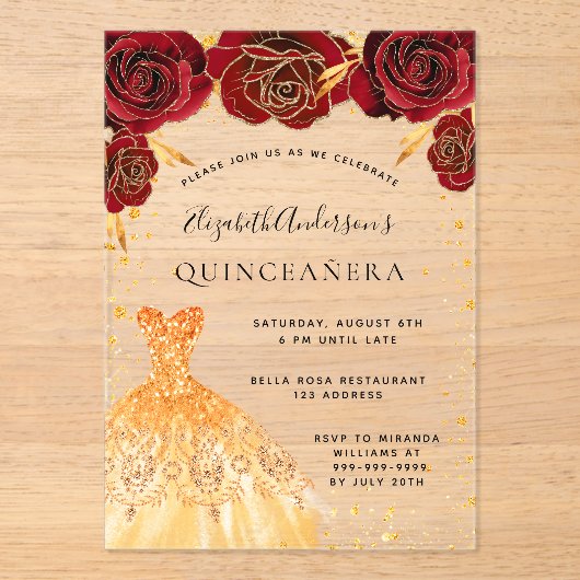 Quinceanera rode rozen gouden jurk glitter duideli acryl uitnodigingen (Voorkant)