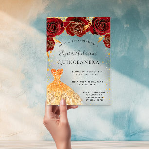 Quinceanera rode rozen gouden jurk glitters helder acryl uitnodigingen