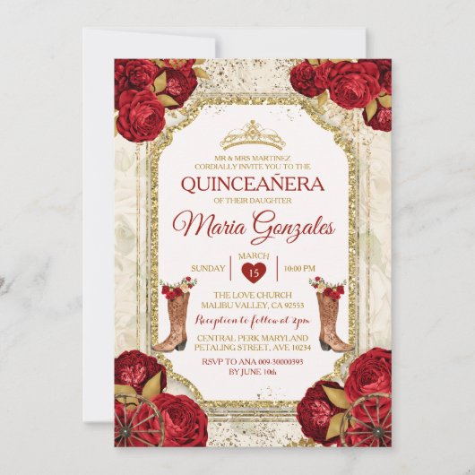 Quinceañera Rode Rozen & Gouden Kroon Mexicaan Kaart (Voorkant)