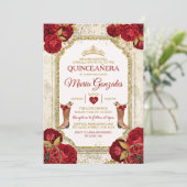 Quinceañera Rode Rozen & Gouden Kroon Mexicaan Kaart (Staand voorkant)