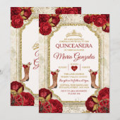 Quinceañera Rode Rozen & Gouden Kroon Mexicaan Kaart (Voorkant / Achterkant)