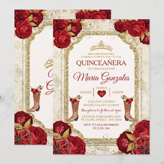 Quinceañera Rode Rozen & Gouden Kroon Mexicaan Kaart (Voorkant / Achterkant)