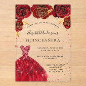 Quinceanera rode rozen jurk glitter duidelijk acryl uitnodigingen (Voorkant)