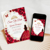 Quinceanera Rode Rozen Jurk Goud Save The Date
