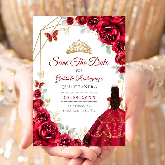 Quinceanera Rode Rozen Jurk Goud Save The Date