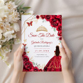 Quinceanera Rode Rozen Jurk Goud Save The Date