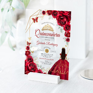 Quinceanera Rode Rozen Jurk Goud Wit Acryl Uitnodigingen