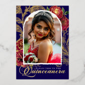 Quinceanera Rode Rozen Marine Blauw Elegant Foto G Folie Uitnodiging (Voorkant)