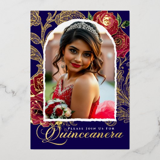Quinceanera Rode Rozen Marine Blauw Elegant Foto G Folie Uitnodiging (Voorkant)