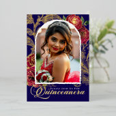 Quinceanera Rode Rozen Marine Blauw Elegant Foto G Folie Uitnodiging (Staand Voorkant)