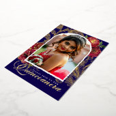Quinceanera Rode Rozen Marine Blauw Elegant Foto G Folie Uitnodiging (Gedraaid)