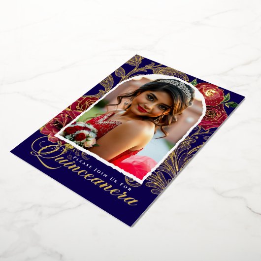 Quinceanera Rode Rozen Marine Blauw Elegant Foto G Folie Uitnodiging (Gedraaid)