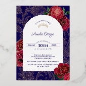 Quinceanera Rode Rozen Marine Blauw Elegant Foto G Folie Uitnodiging (Achterkant)