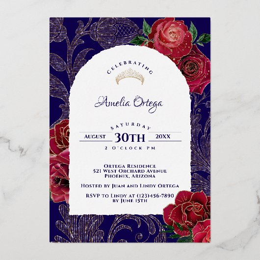 Quinceanera Rode Rozen Marine Blauw Elegant Foto G Folie Uitnodiging (Achterkant)