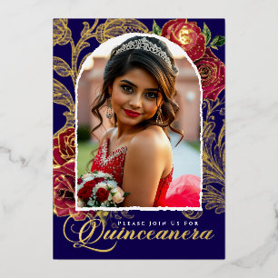 Quinceanera Rode Rozen Navy Blauwe Elegante Foto G Folie Uitnodiging