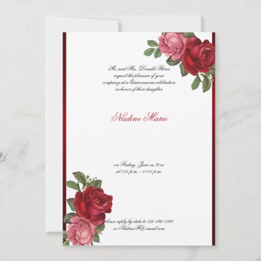 Quinceanera Rode Rozen Rode Satijnen Uitnodiging (Achterkant)