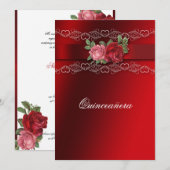 Quinceanera Rode Rozen Rode Satijnen Uitnodiging (Voorkant / Achterkant)