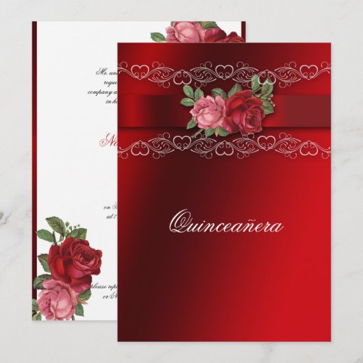 Quinceanera Rode Rozen Rode Satijnen Uitnodiging (Voorkant / Achterkant)