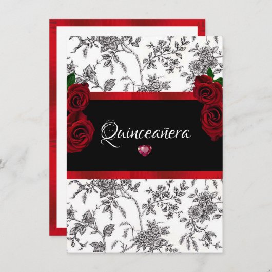 Quinceanera Rode Rozen Rood Satijn Zwart Wit Toile Kaart (Voorkant / Achterkant)
