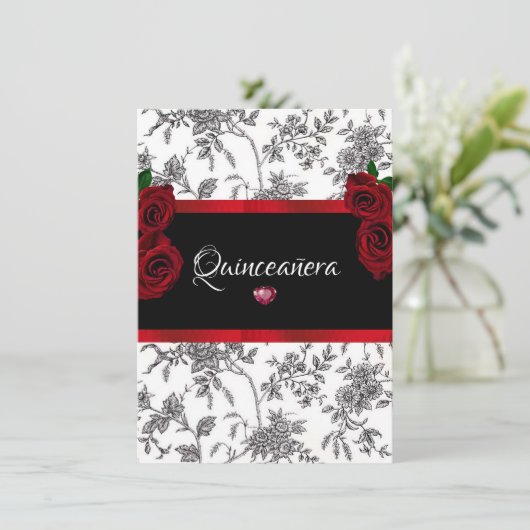Quinceanera Rode Rozen Rood Satijn Zwart Wit Toile Kaart (Staand voorkant)