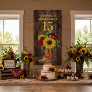 Quinceañera Rode rozen Zonnebloemen Cowboylaarzen Spandoek