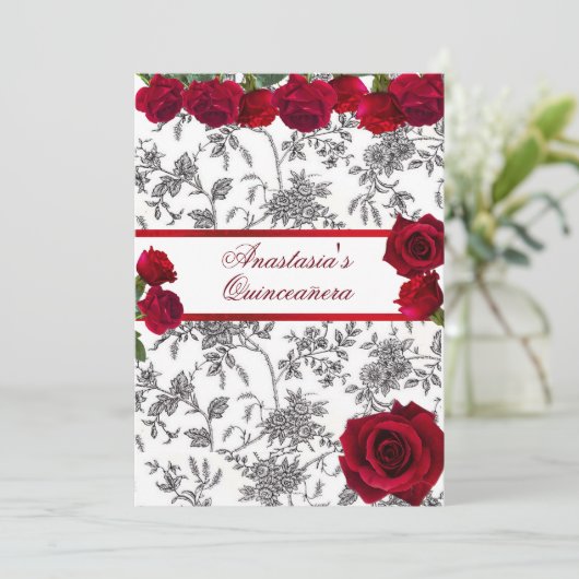 Quinceanera Rode Satijn Rode Rozen Zwart Witte Toi Kaart (Staand voorkant)