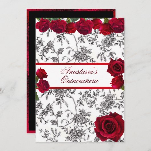 Quinceanera Rode Satijn Rode Rozen Zwart Witte Toi Kaart (Voorkant / Achterkant)