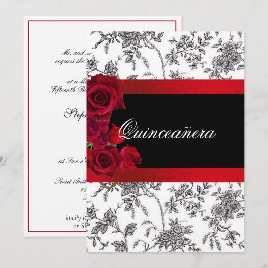 Quinceanera Rode Satijnen Rozen Zwart Witte Toile  Kaart (Voorkant / Achterkant)