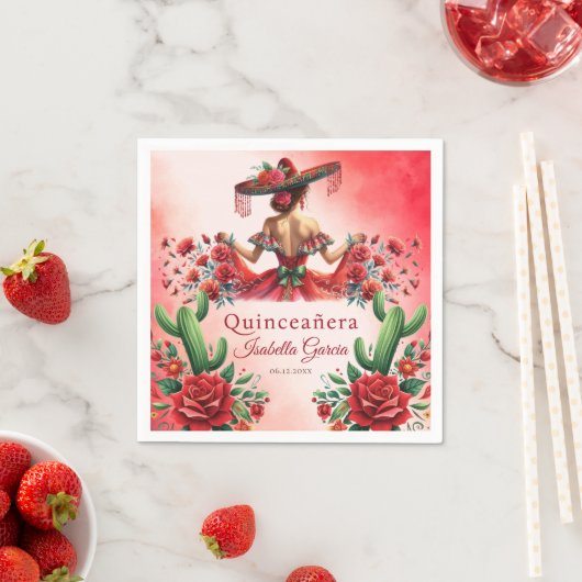 Quinceañera Rode Waterverf Mexicaans Meisje Servet (Insitu)