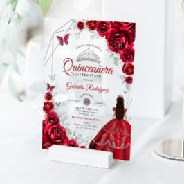 Quinceanera Rode Zilveren Bloemjurk Acryl Uitnodigingen