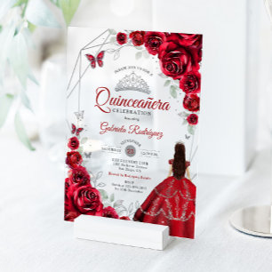 Quinceanera Rode Zilveren Bloemjurk Acryl Uitnodigingen