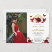 Quinceañera Rood Blush Bloemen Vlinders Kroon Kaart (Voorkant)