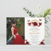 Quinceañera Rood Blush Bloemen Vlinders Kroon Kaart (Staand voorkant)