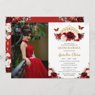 Quinceañera Rood Blush Bloemen Vlinders Kroon Kaart