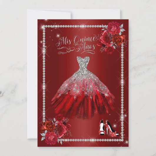 Quinceanera Rood en Zilver Bloemen Elegant Kaart (Achterkant)