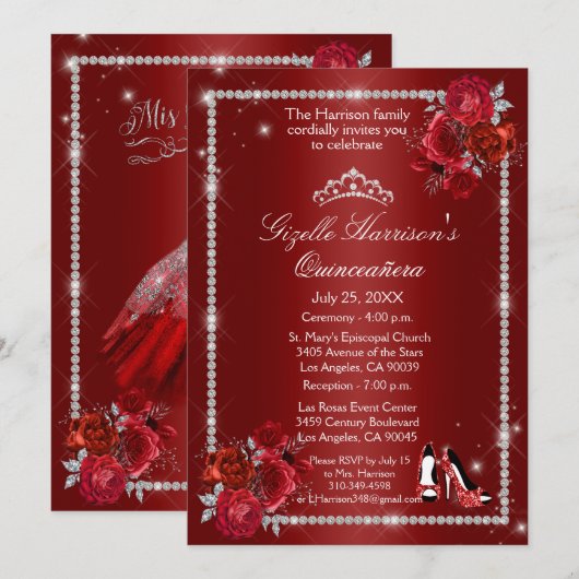 Quinceanera Rood en Zilver Bloemen Elegant Kaart (Voorkant / Achterkant)