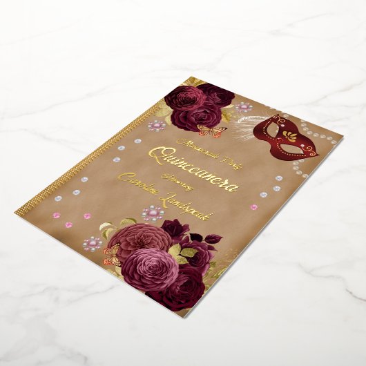 Quinceañera Rood Engels Rozen & Goud Rood Masker Folie Uitnodiging (Gedraaid)