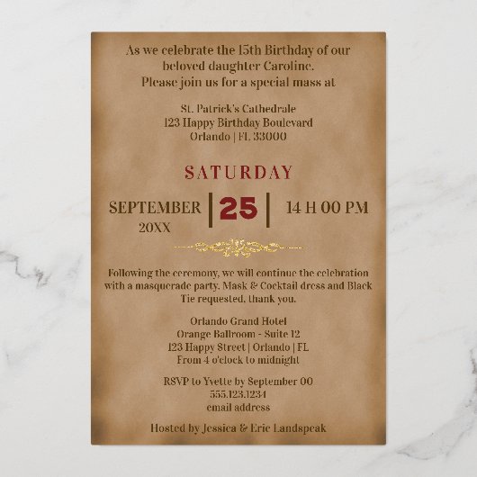 Quinceañera Rood Engels Rozen & Goud Rood Masker Folie Uitnodiging (Achterkant)