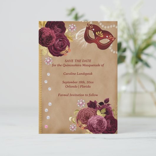 Quinceañera Rood Engels Rozen Goud Rood Masquerade Save The Date (Staand voorkant)