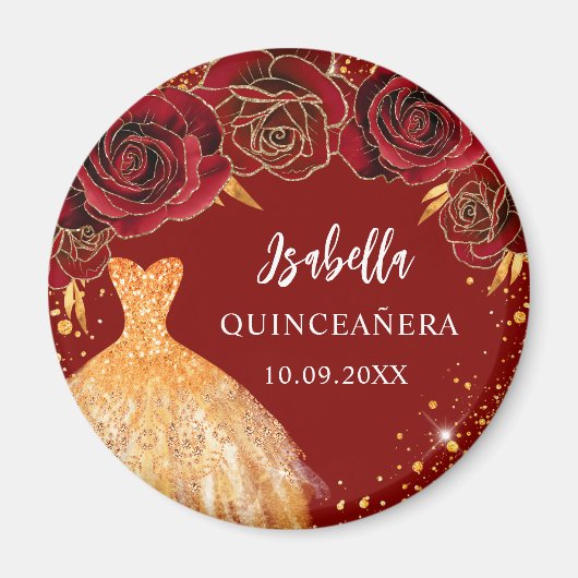 Quinceanera rood goud glitter jurk naam magneet (Voorkant)
