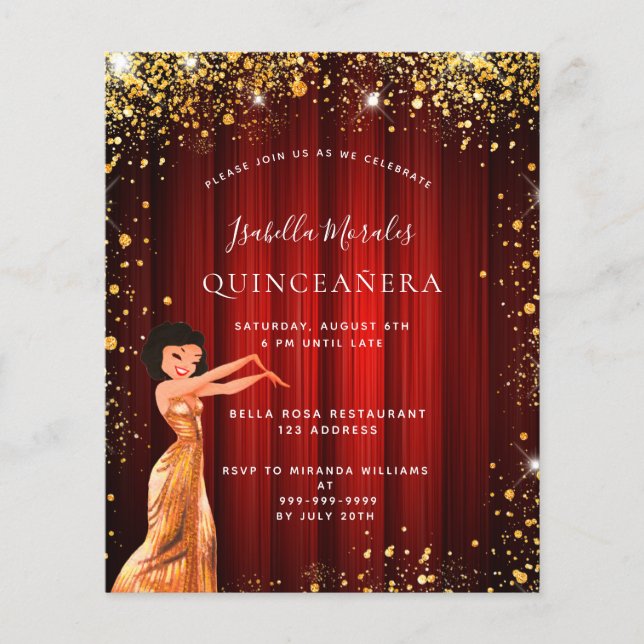 Quinceanera rood goud glitter jurk uitnodiging (Voorkant)