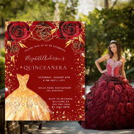 Quinceanera rood goud jurk bloemenuitnodiging