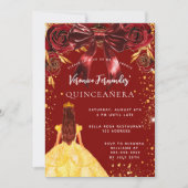 Quinceanera rood goud jurk boog bloemen kaart (Voorkant)