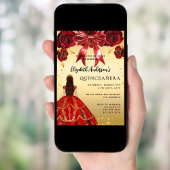 Quinceanera rood goud jurk boog bloemen kaart